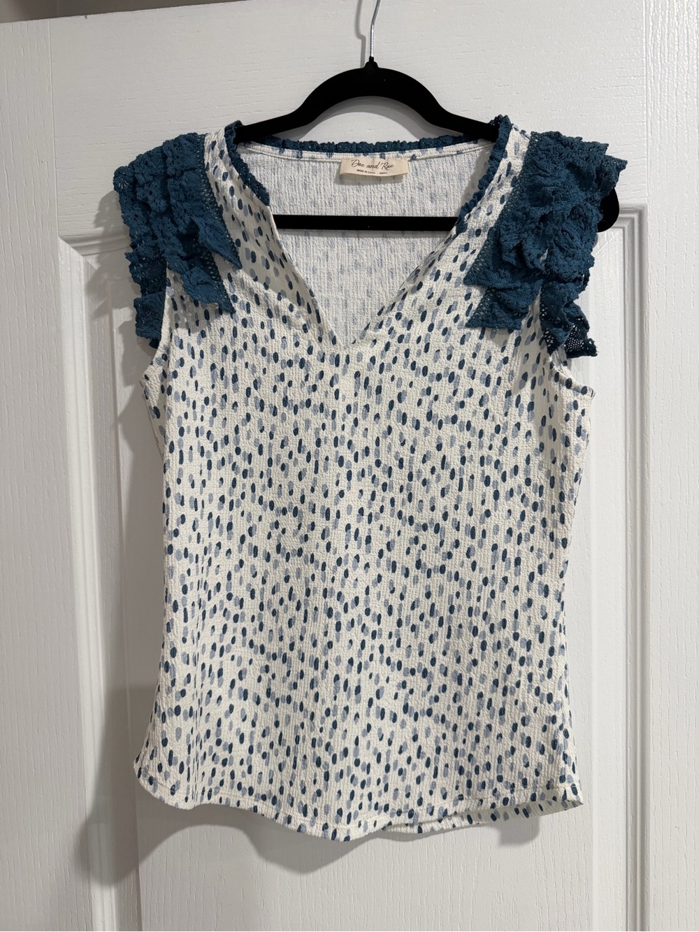 Doe & Rae White Tank with Teal Dot Print and Lace Shoulders